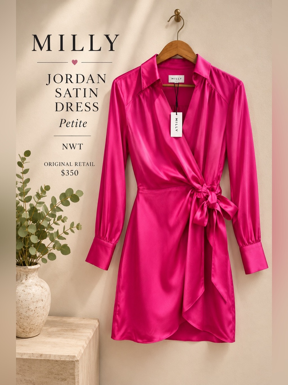 Milly Jordan Satin Wrap Dress Hot Pink Petite NWT